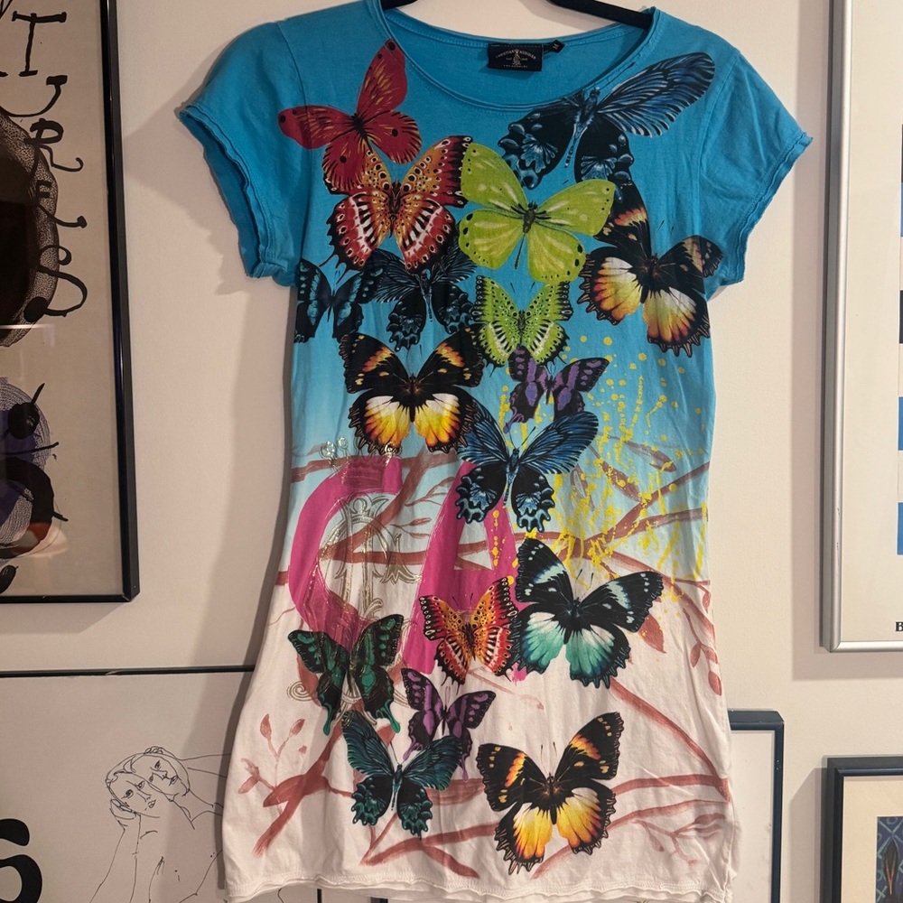 Christian Audigier Blue Butterfly Print Top